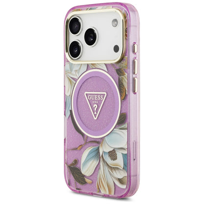 Guess IML Glitter Flowers Triangle MagSafe Case for iPhone 17 Pro / 18 Pro - Purple_1