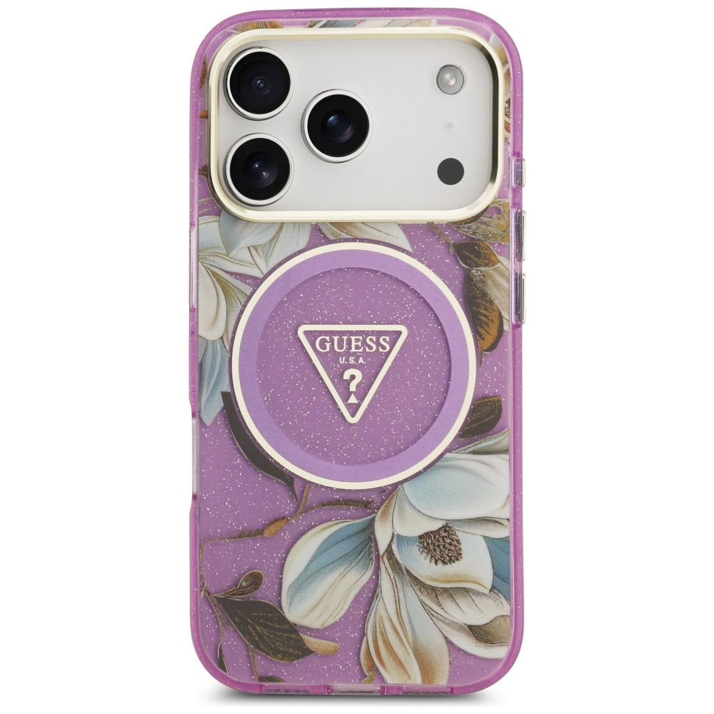Guess IML Glitter Flowers Triangle MagSafe Case for iPhone 17 Pro / 18 Pro - Purple_2