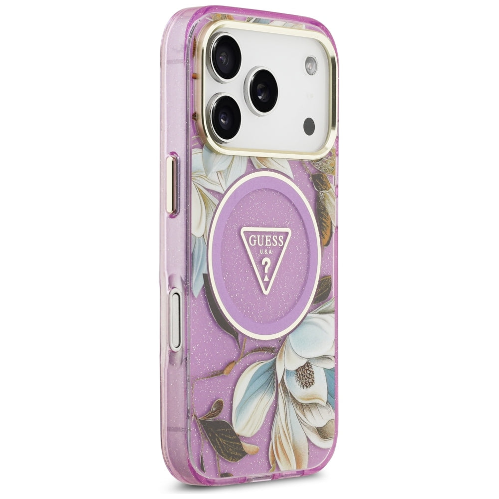 Guess IML Glitter Flowers Triangle MagSafe Case for iPhone 17 Pro / 18 Pro - Purple_3