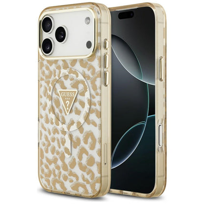 Guess IML Leopard Glitter Triangle Logo MagSafe Case for iPhone 17 Pro / 18 Pro - Brown_0