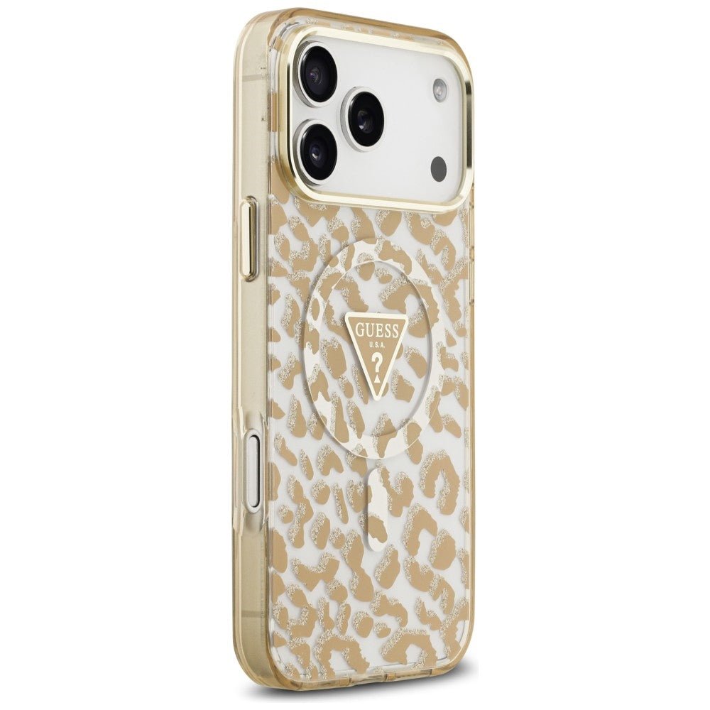 Guess IML Leopard Glitter Triangle Logo MagSafe Case for iPhone 17 Pro / 18 Pro - Brown_3