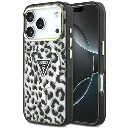 Guess IML Leopard Glitter Triangle Logo MagSafe Case for iPhone 17 Pro / 18 Pro - Black_0