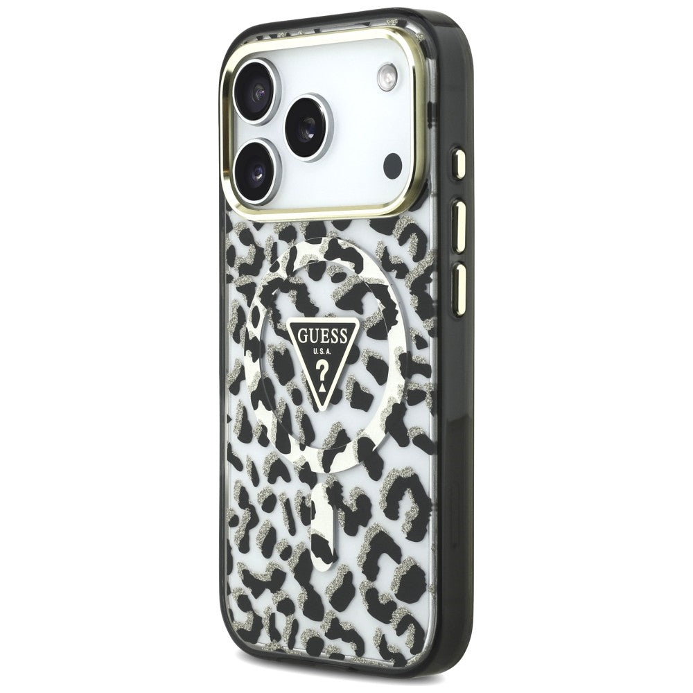 Guess IML Leopard Glitter Triangle Logo MagSafe Case for iPhone 17 Pro / 18 Pro - Black_1