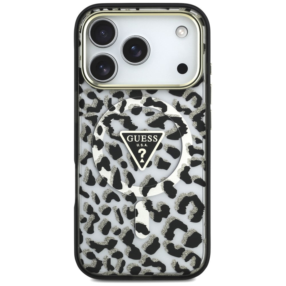 Guess IML Leopard Glitter Triangle Logo MagSafe Case for iPhone 17 Pro / 18 Pro - Black_2