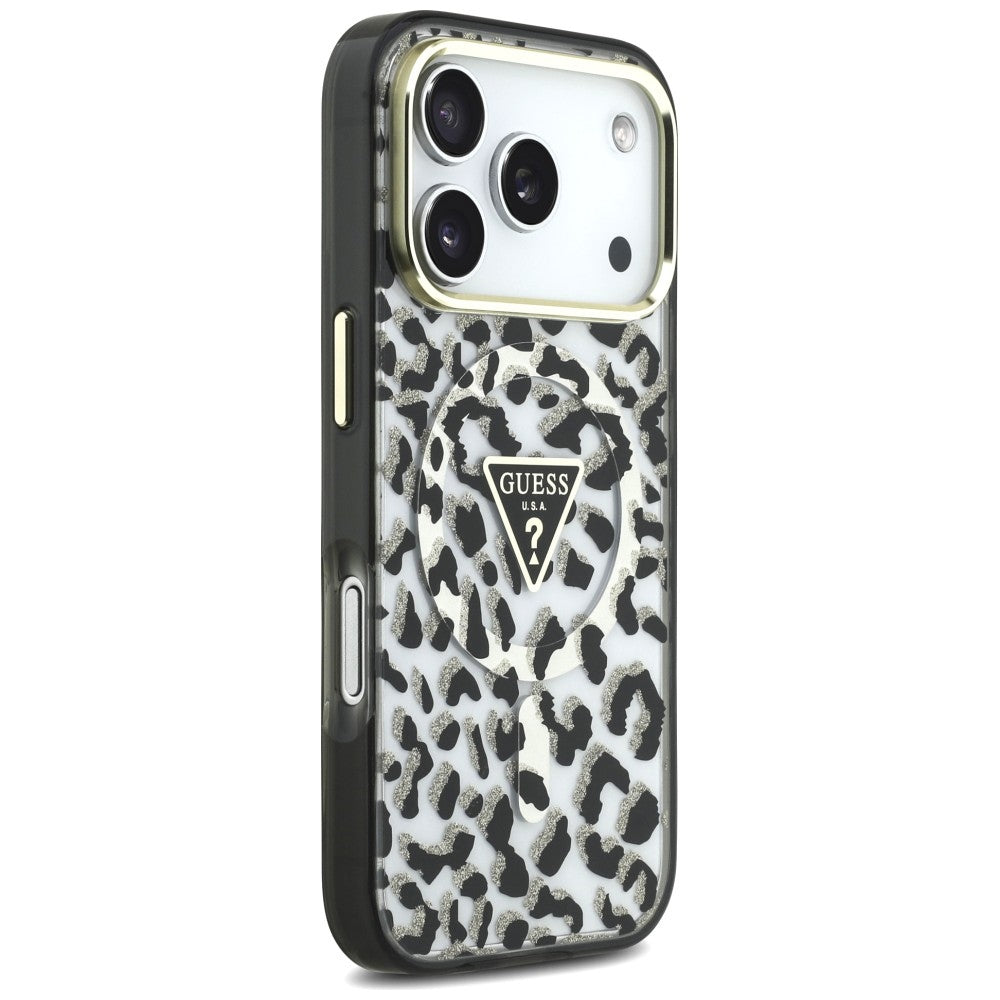 Guess IML Leopard Glitter Triangle Logo MagSafe Case for iPhone 17 Pro / 18 Pro - Black_3
