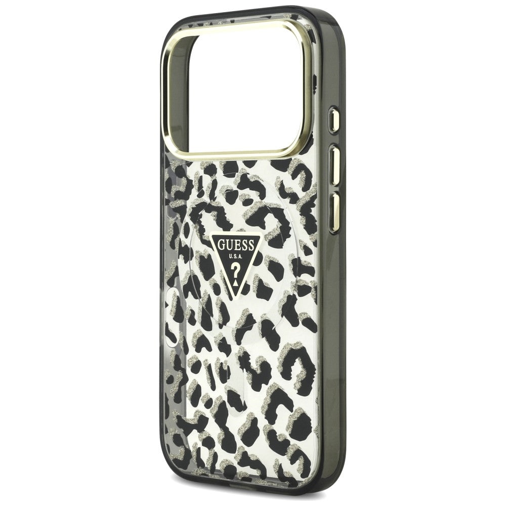 Guess IML Leopard Glitter Triangle Logo MagSafe Case for iPhone 17 Pro / 18 Pro - Black_5