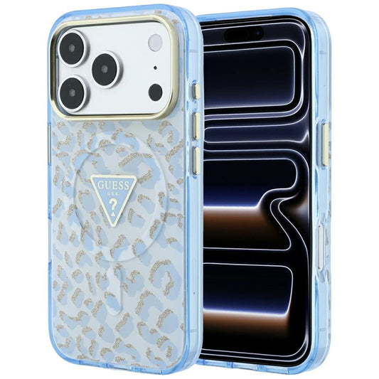 Guess IML Leopard Glitter Triangle Logo MagSafe Case for iPhone 17 Pro / 18 Pro - Blue_0