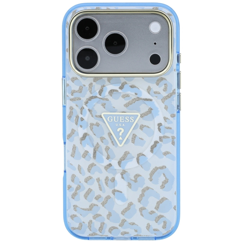 Guess IML Leopard Glitter Triangle Logo MagSafe Case for iPhone 17 Pro / 18 Pro - Blue_2