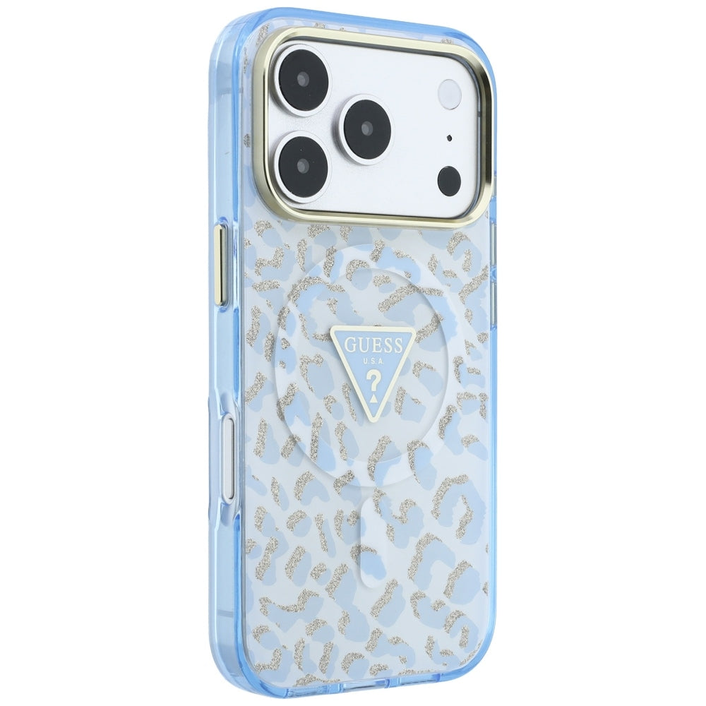 Guess IML Leopard Glitter Triangle Logo MagSafe Case for iPhone 17 Pro / 18 Pro - Blue_3
