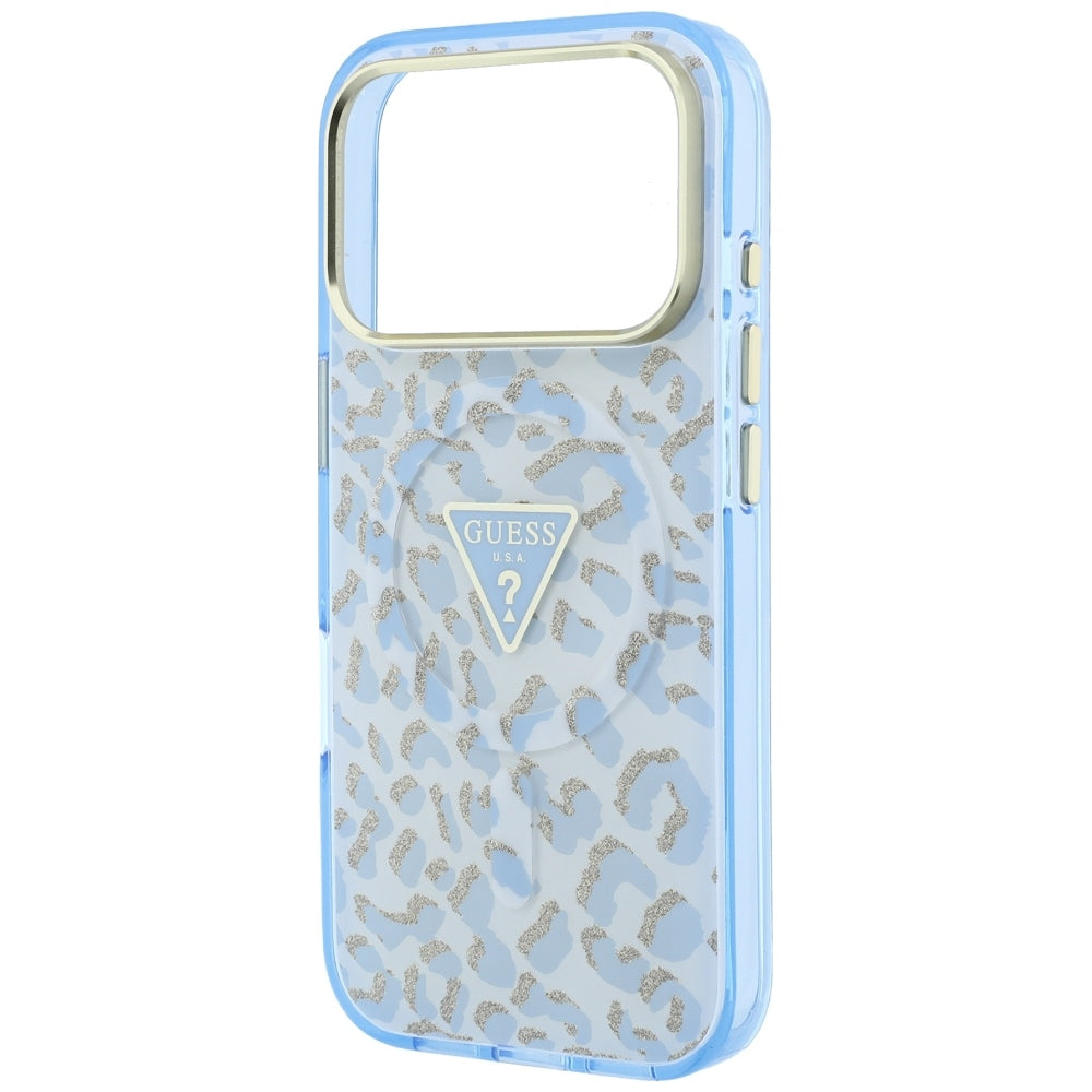 Guess IML Leopard Glitter Triangle Logo MagSafe Case for iPhone 17 Pro / 18 Pro - Blue_5
