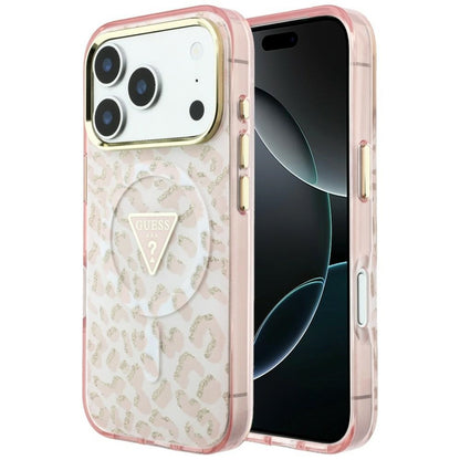 Guess IML Leopard Glitter Triangle Logo MagSafe Case for iPhone 17 Pro / 18 Pro - Pink_0