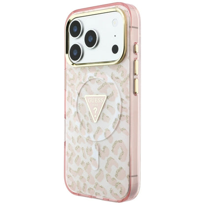 Guess IML Leopard Glitter Triangle Logo MagSafe Case for iPhone 17 Pro / 18 Pro - Pink_1