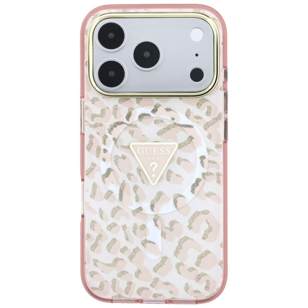 Guess IML Leopard Glitter Triangle Logo MagSafe Case for iPhone 17 Pro / 18 Pro - Pink_2