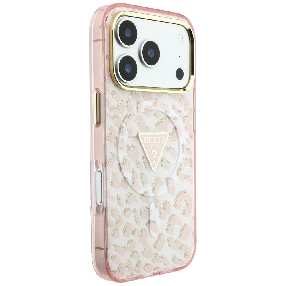 Guess IML Leopard Glitter Triangle Logo MagSafe Case for iPhone 17 Pro / 18 Pro - Pink_3