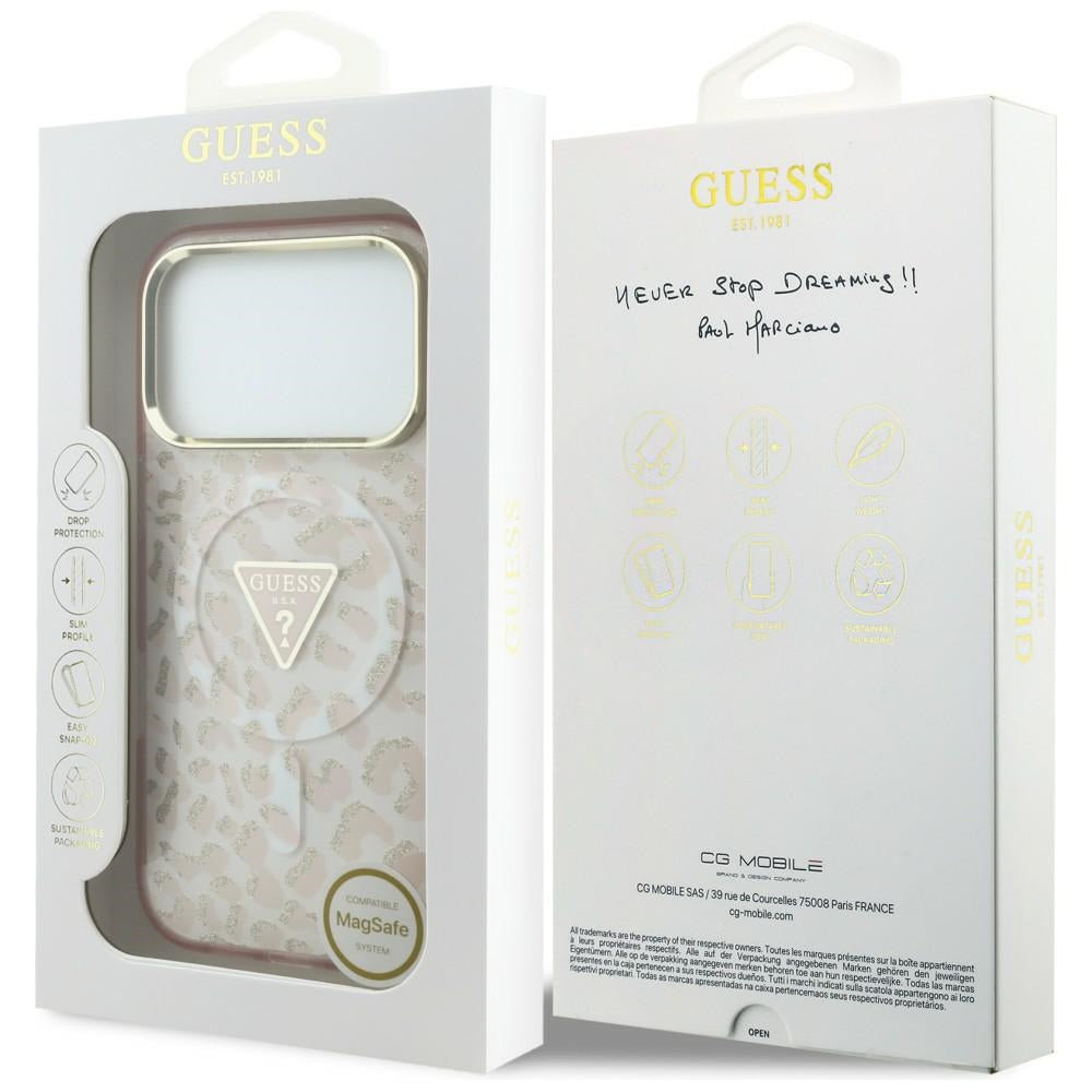 Guess IML Leopard Glitter Triangle Logo MagSafe Case for iPhone 17 Pro / 18 Pro - Pink_7