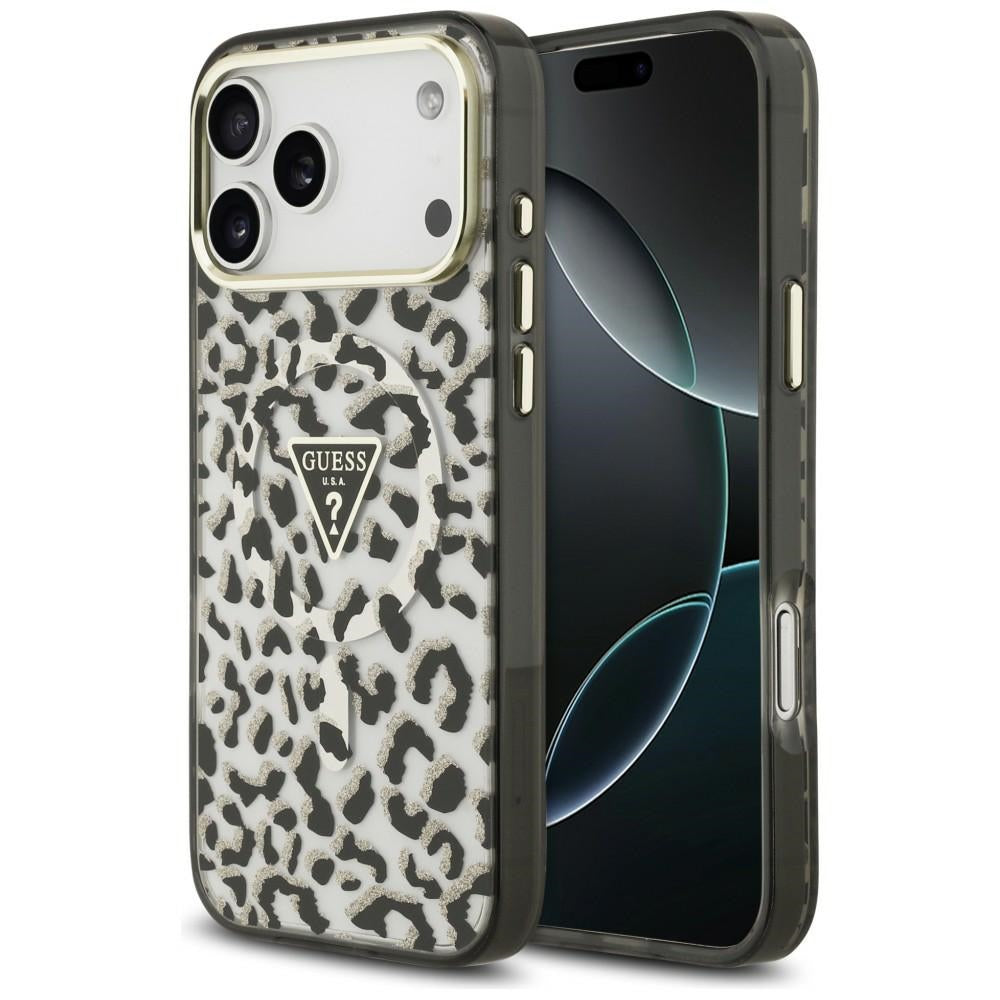 Guess IML Leopard Glitter Triangle Logo MagSafe Case for iPhone 17 Pro Max / 18 Pro Max - Black_0