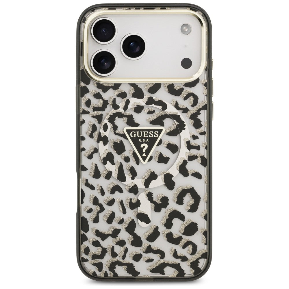 Guess IML Leopard Glitter Triangle Logo MagSafe Case for iPhone 17 Pro Max / 18 Pro Max - Black_2