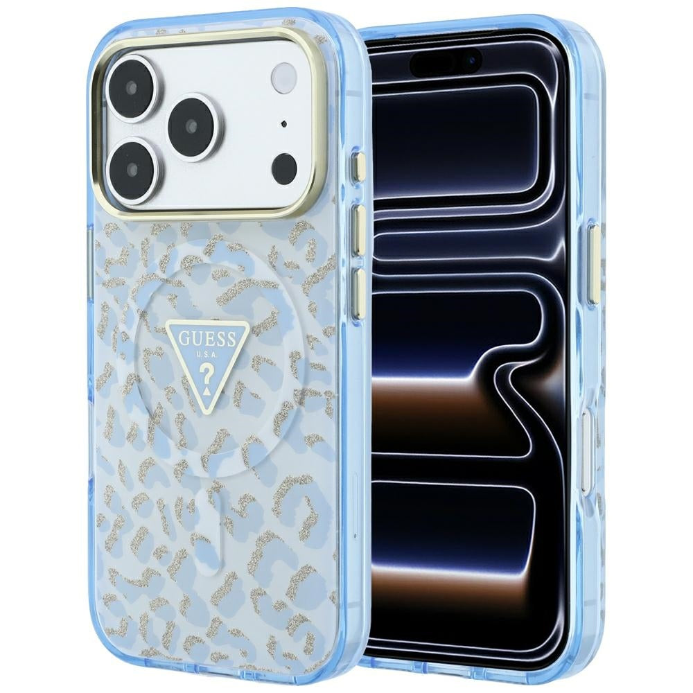 Guess IML Leopard Glitter Triangle Logo MagSafe Case for iPhone 17 Pro Max / 18 Pro Max - Blue_0
