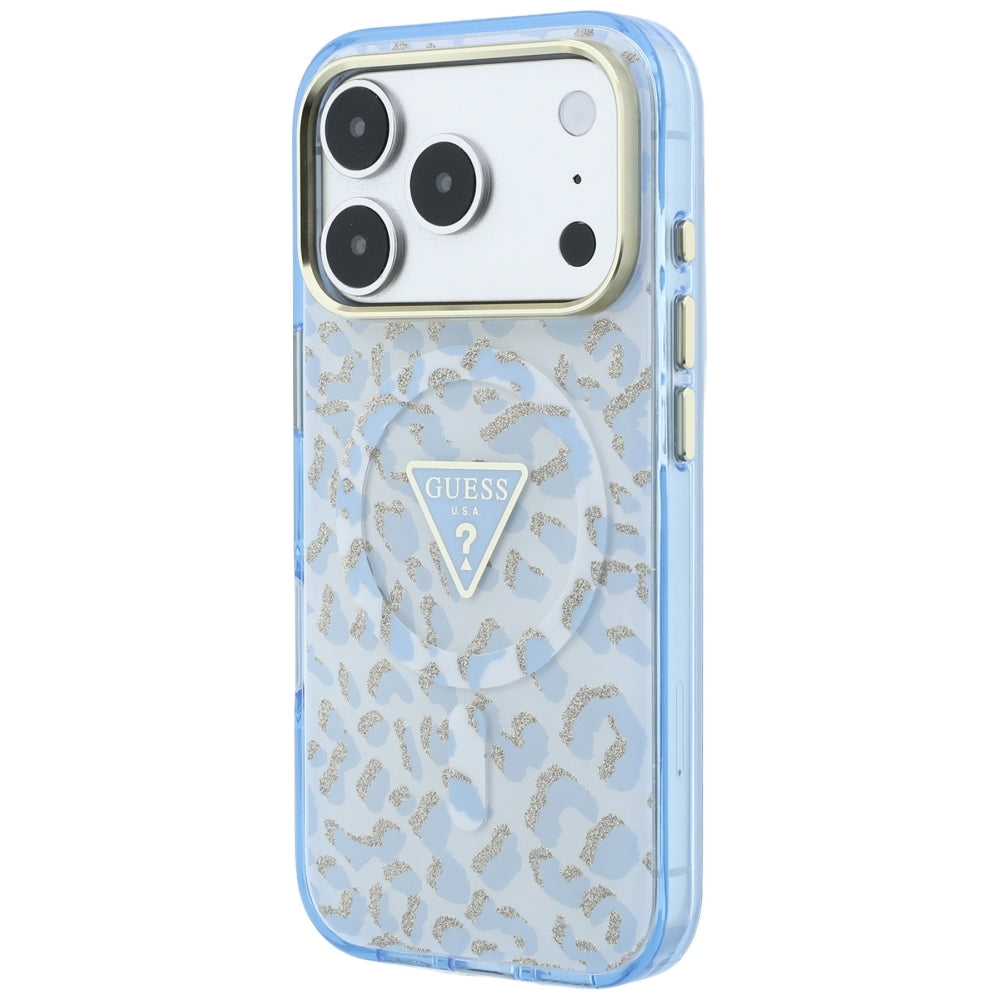 Guess IML Leopard Glitter Triangle Logo MagSafe Case for iPhone 17 Pro Max / 18 Pro Max - Blue_1