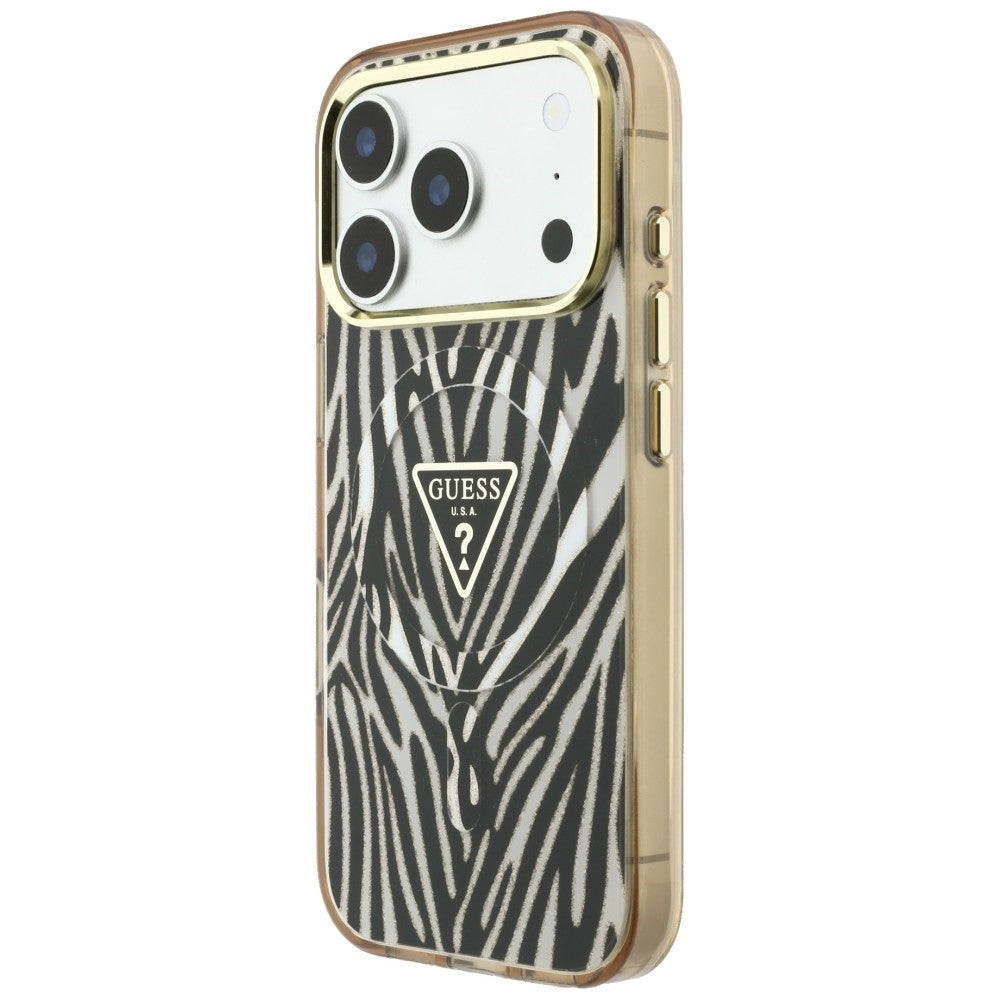 Guess IML Zebra Glitter Triangle Logo MagSafe iPhone 17 Pro / 18 Pro Case - Gold_1