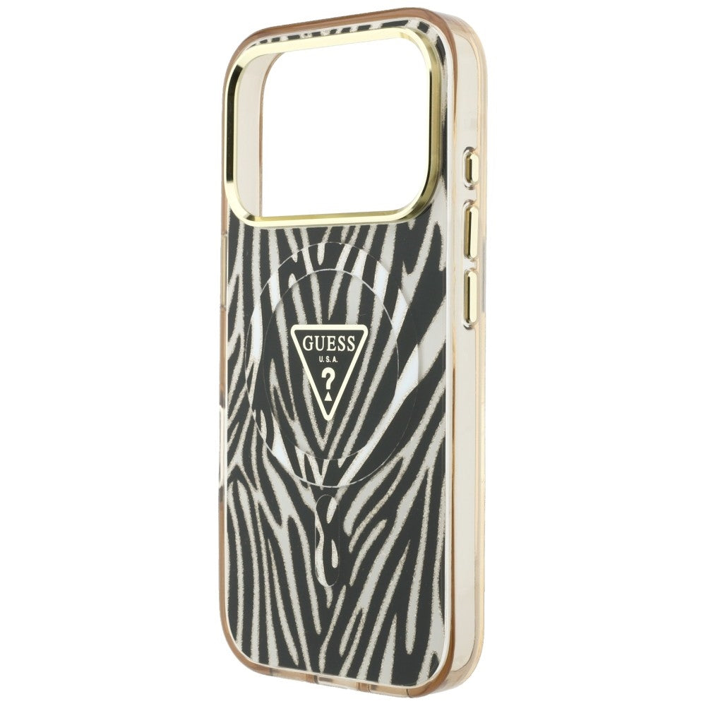 Guess IML Zebra Glitter Triangle Logo MagSafe iPhone 17 Pro / 18 Pro Case - Gold_5