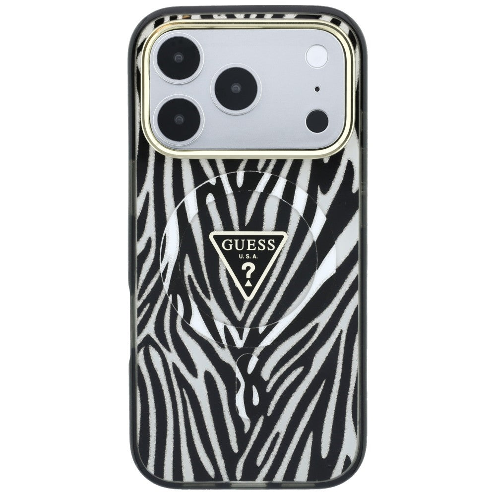 Guess IML Zebra Glitter Triangle Logo MagSafe Case for iPhone 17 Pro Max / 18 Pro Max - Silver_2