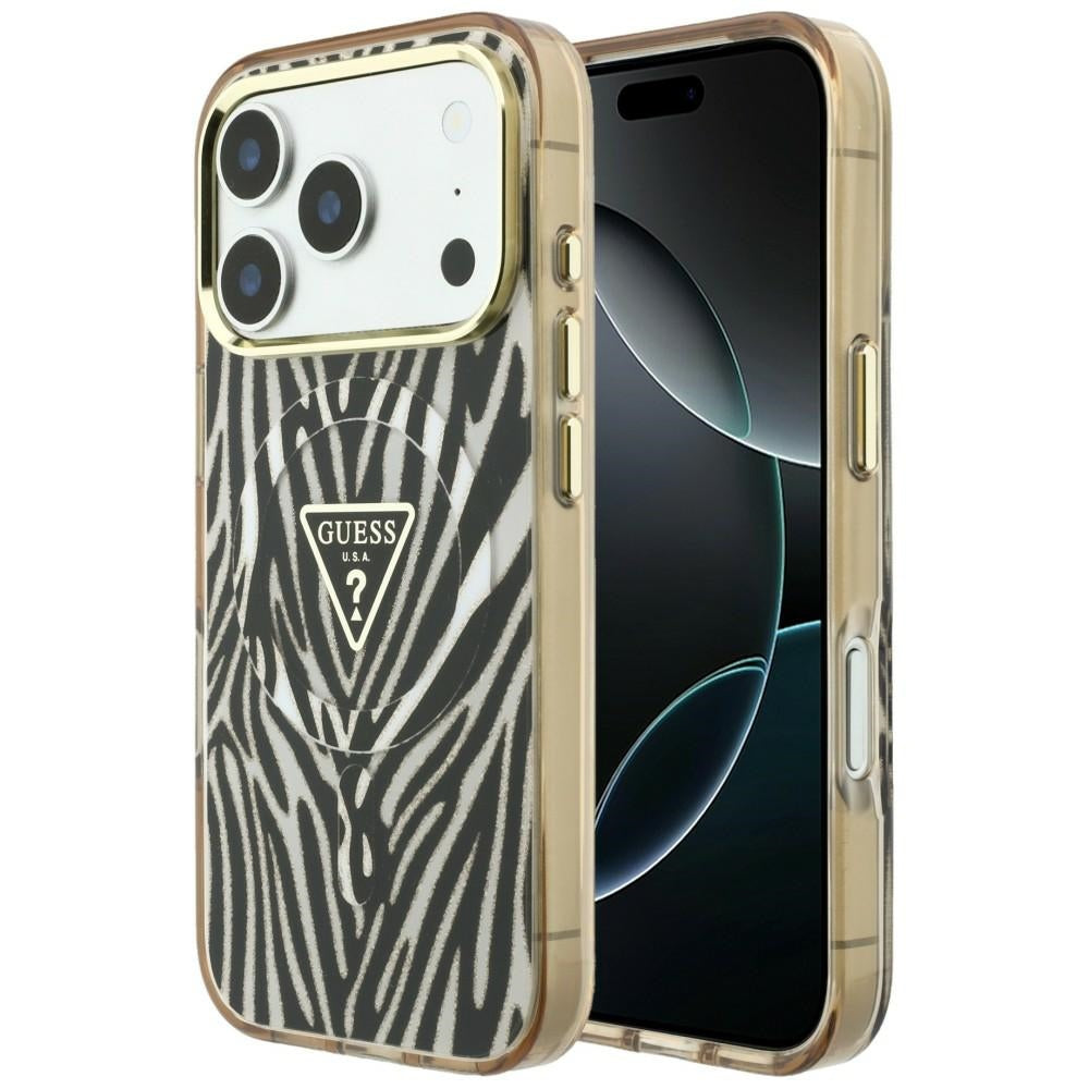 Guess IML Zebra Glitter Triangle Logo MagSafe Case for iPhone 17 Pro Max / 18 Pro Max - Gold_0
