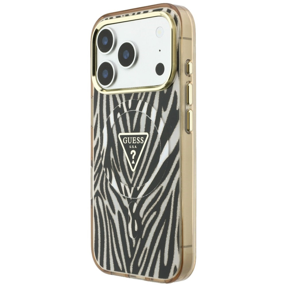 Guess IML Zebra Glitter Triangle Logo MagSafe Case for iPhone 17 Pro Max / 18 Pro Max - Gold_1