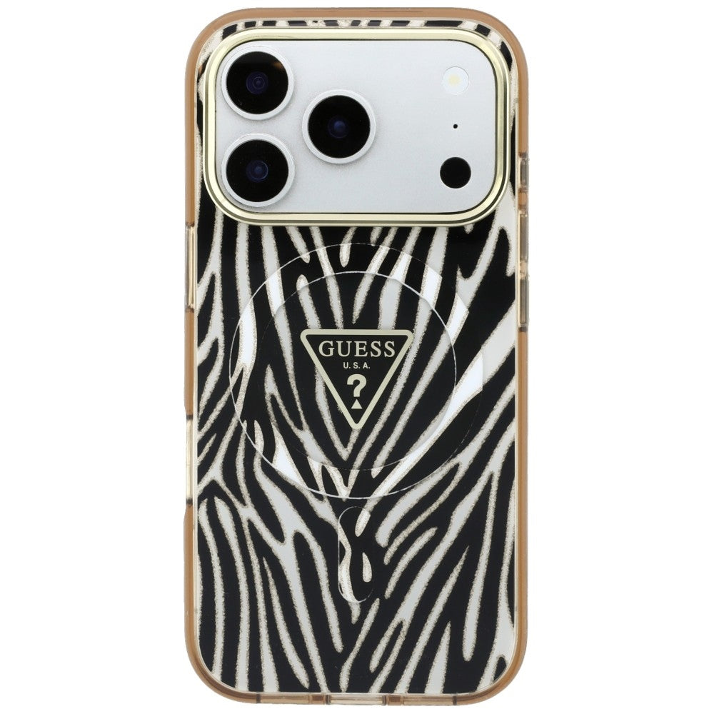 Guess IML Zebra Glitter Triangle Logo MagSafe Case for iPhone 17 Pro Max / 18 Pro Max - Gold_2