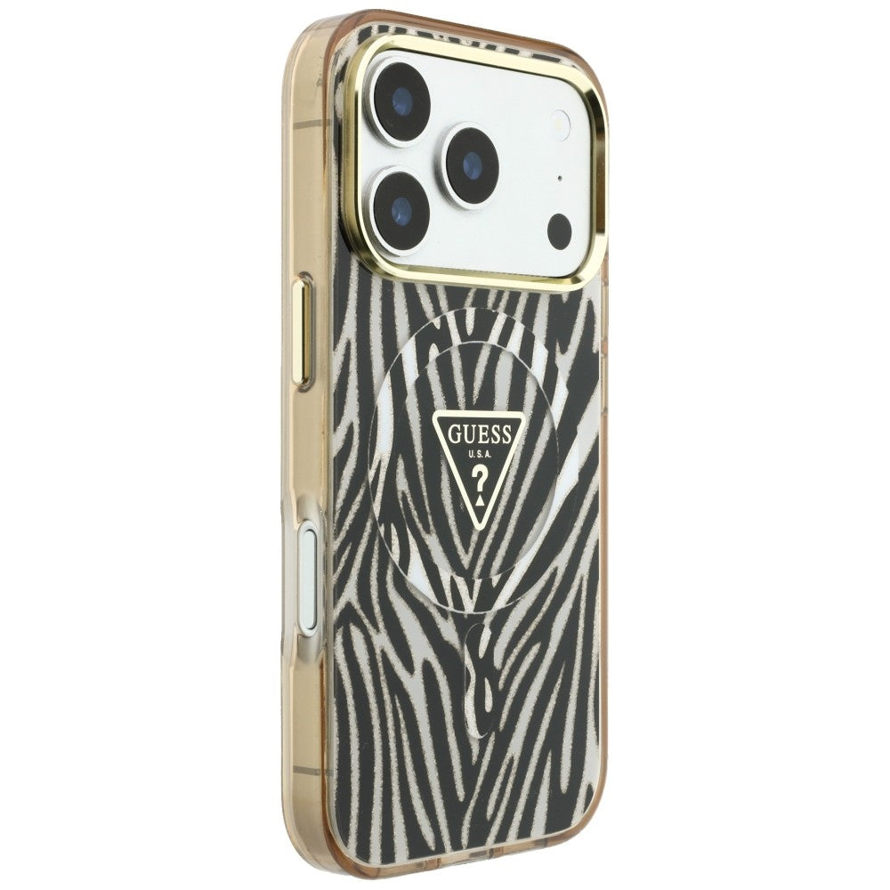 Guess IML Zebra Glitter Triangle Logo MagSafe Case for iPhone 17 Pro Max / 18 Pro Max - Gold_3