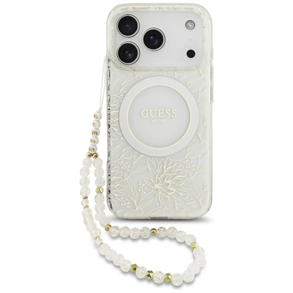 Guess IML Flowers Allover Electroplated with Pearl Strap MagSafe Case for iPhone 18 Pro / 17 Pro - White_0