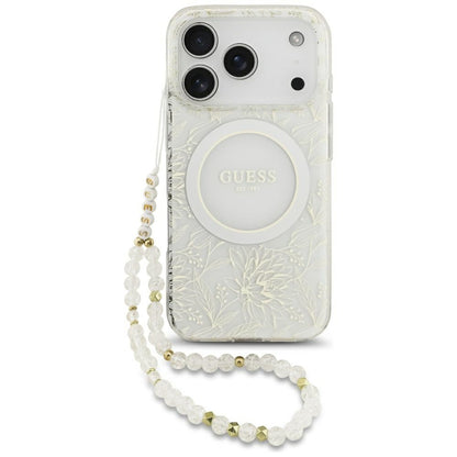 Guess IML Flowers Allover Electroplated with Pearl Strap MagSafe Case for iPhone 18 Pro / 17 Pro - White_0
