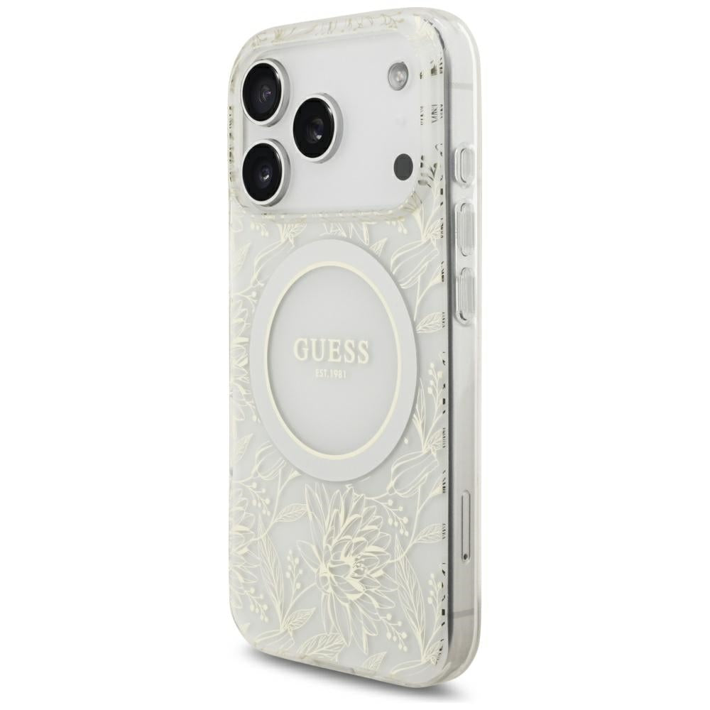 Guess IML Flowers Allover Electroplated with Pearl Strap MagSafe Case for iPhone 18 Pro / 17 Pro - White_2