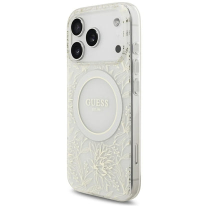 Guess IML Flowers Allover Electroplated with Pearl Strap MagSafe Case for iPhone 18 Pro / 17 Pro - White_2
