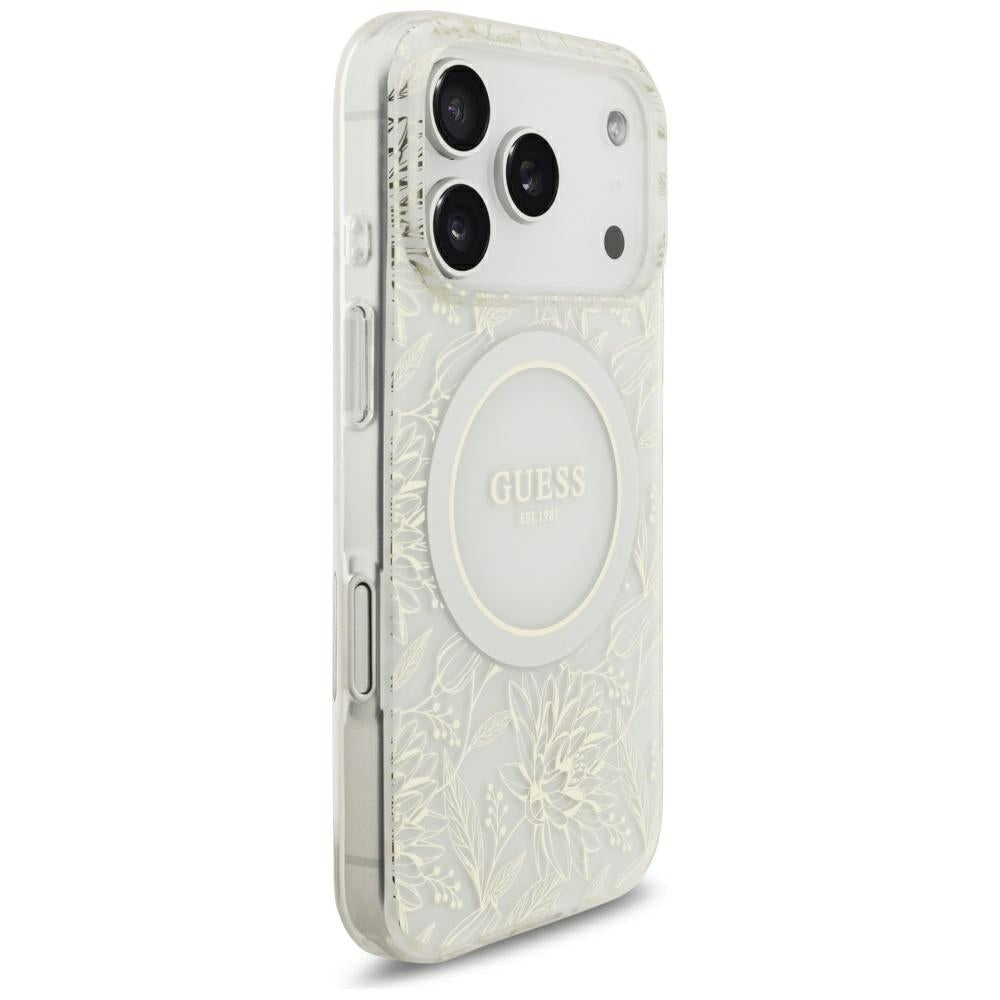 Guess IML Flowers Allover Electroplated with Pearl Strap MagSafe Case for iPhone 18 Pro / 17 Pro - White_3