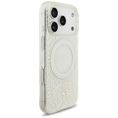 Guess IML Flowers Allover Electroplated with Pearl Strap MagSafe Case for iPhone 18 Pro / 17 Pro - White_3