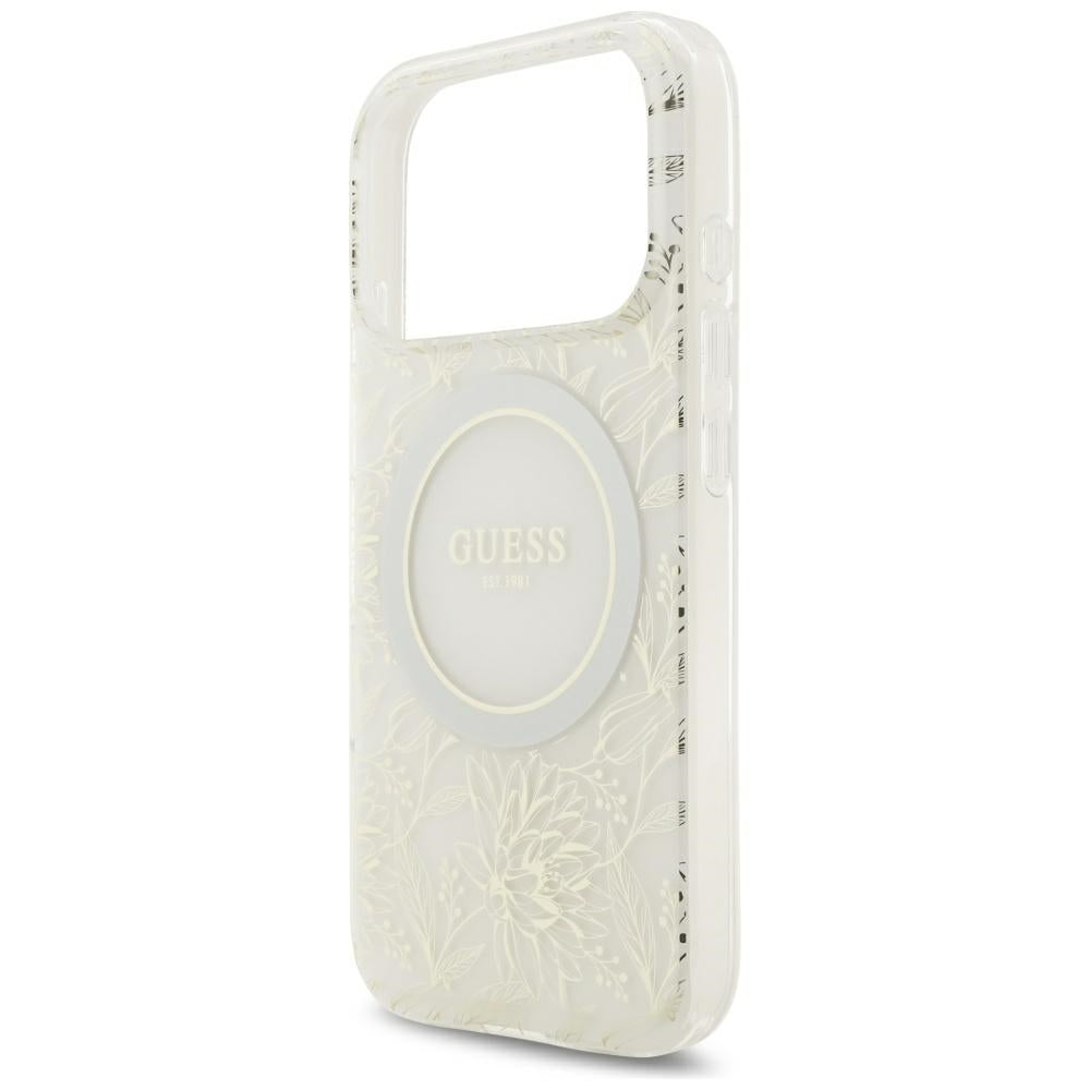 Guess IML Flowers Allover Electroplated with Pearl Strap MagSafe Case for iPhone 18 Pro / 17 Pro - White_5