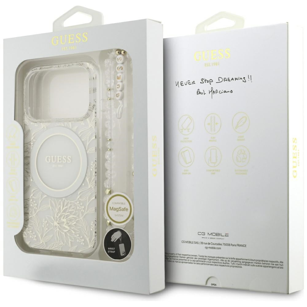 Guess IML Flowers Allover Electroplated with Pearl Strap MagSafe Case for iPhone 18 Pro / 17 Pro - White_7