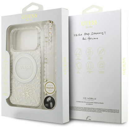 Guess IML Flowers Allover Electroplated with Pearl Strap MagSafe Case for iPhone 18 Pro / 17 Pro - White_7