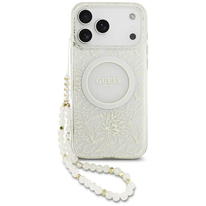 Guess IML Flowers Allover Electroplated with Pearl Strap MagSafe Case for iPhone 18 Pro Max / 17 Pro Max - White_0