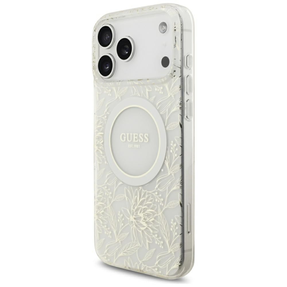 Guess IML Flowers Allover Electroplated with Pearl Strap MagSafe Case for iPhone 18 Pro Max / 17 Pro Max - White_2