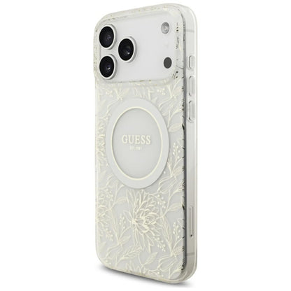 Guess IML Flowers Allover Electroplated with Pearl Strap MagSafe Case for iPhone 18 Pro Max / 17 Pro Max - White_2