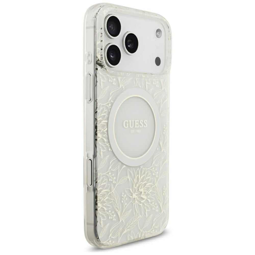 Guess IML Flowers Allover Electroplated with Pearl Strap MagSafe Case for iPhone 18 Pro Max / 17 Pro Max - White_3