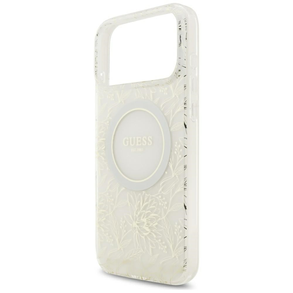 Guess IML Flowers Allover Electroplated with Pearl Strap MagSafe Case for iPhone 18 Pro Max / 17 Pro Max - White_5