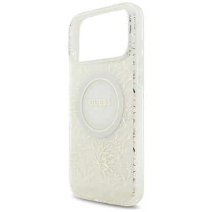 Guess IML Flowers Allover Electroplated with Pearl Strap MagSafe Case for iPhone 18 Pro Max / 17 Pro Max - White_5