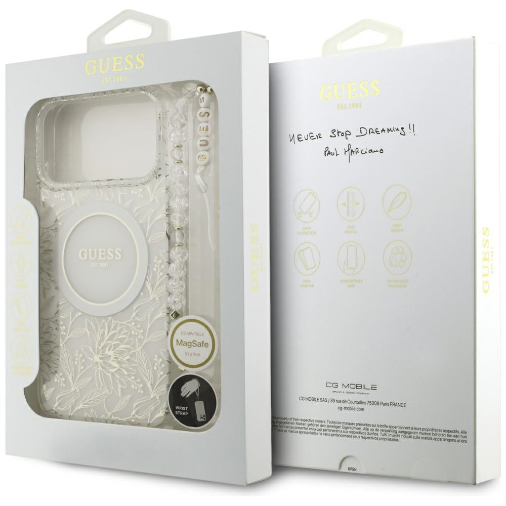 Guess IML Flowers Allover Electroplated with Pearl Strap MagSafe Case for iPhone 18 Pro Max / 17 Pro Max - White_7