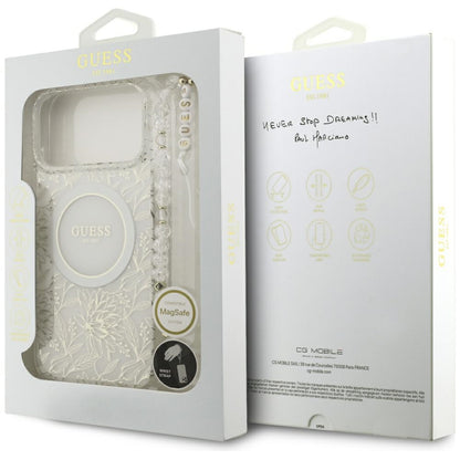 Guess IML Flowers Allover Electroplated with Pearl Strap MagSafe Case for iPhone 18 Pro Max / 17 Pro Max - White_7