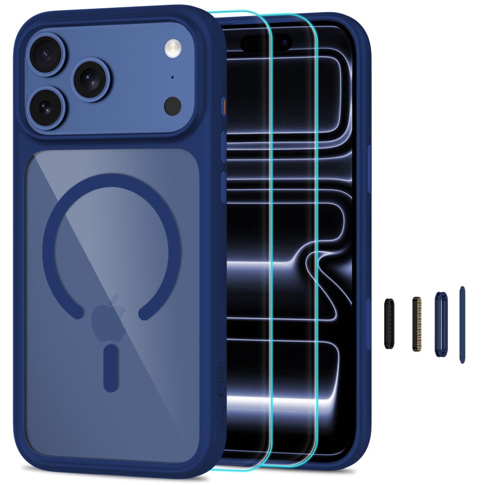 Tech-Protect MagOne MagSafe CC Case + Tempered Glass 2-Pack for iPhone 18 Pro / 17 Pro - Clear Navy Blue_0