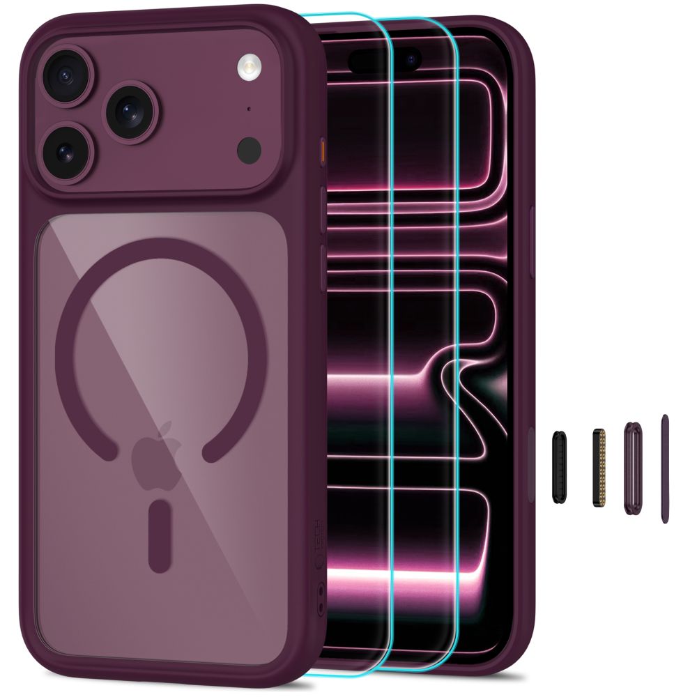 Tech-Protect MagOne CC MagSafe Case + Tempered Glass 2-Pack for iPhone 18 Pro Max / 17 Pro Max - Clear Burgundy_0