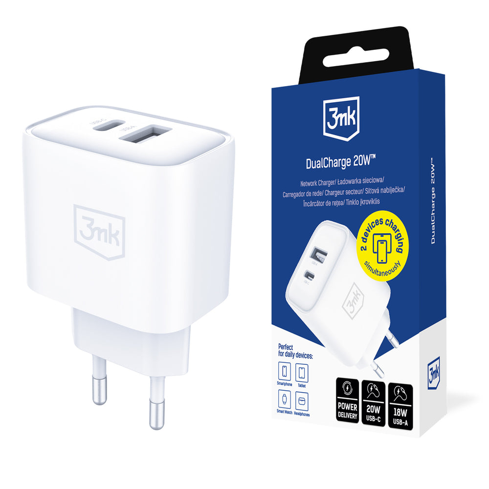 3mk DualCharge 20W PD3.0 QC 3.0 PPS USB 1A1C Wall Charger - White_0